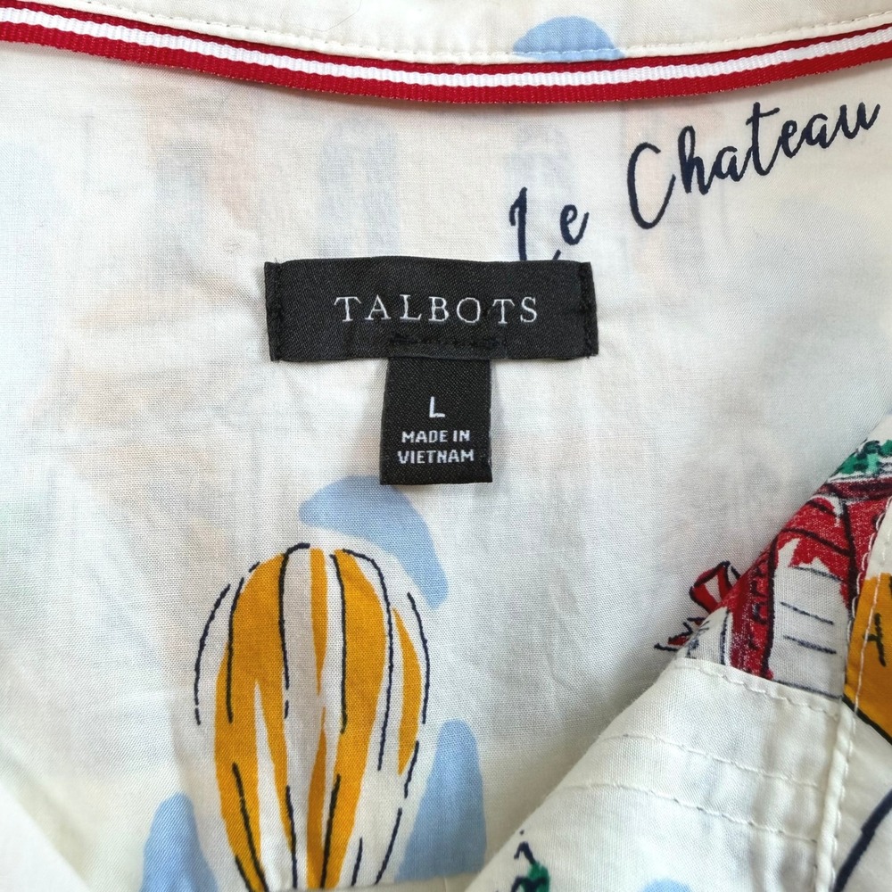 Talbots Womens White Button Down Sz L French Novelty C'est La Vie Whimsical - Picture 4 of 13